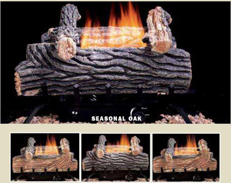 Comfort Glow mountain oak vent-free gas log heaters, yellow flame, glowing coal, mountain and aged split oak designs.